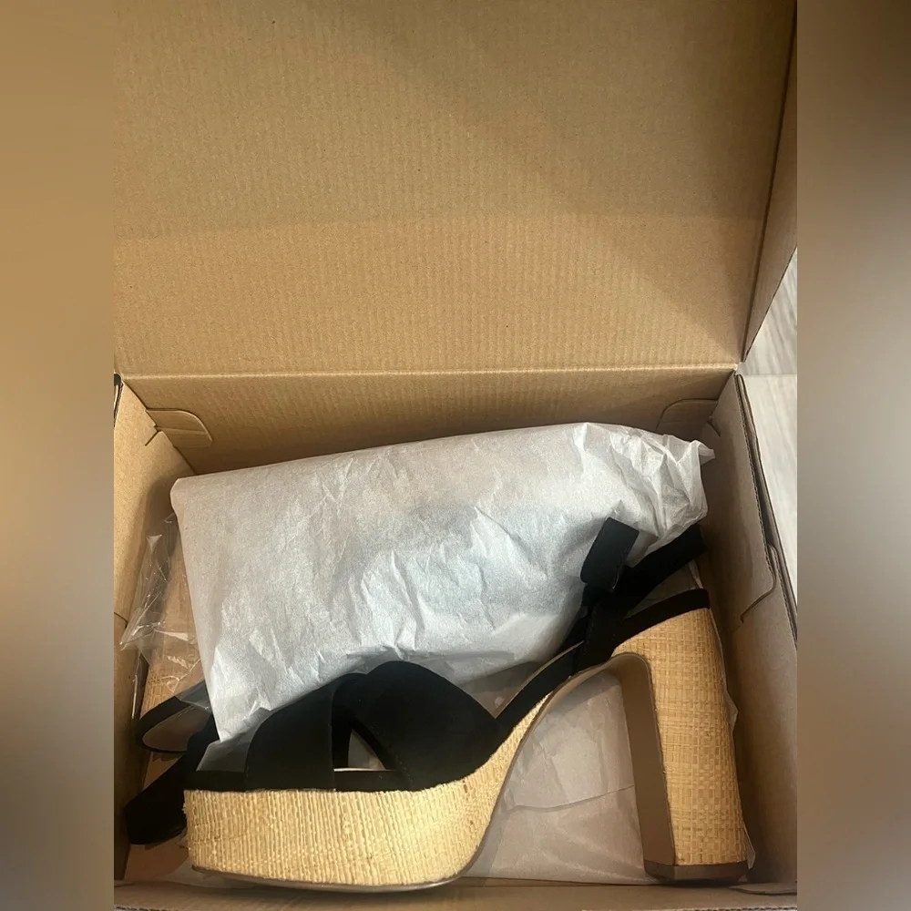 Shoedazzle‎ Tina Crossover Sandals Black Raffia Block Heel Ankle Straps Size 9.5 - Picture 10 of 14